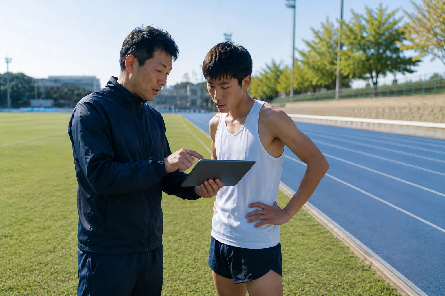 トラック脇でタブレットを見ながら選手と話すコーチ（写真はイメージ）