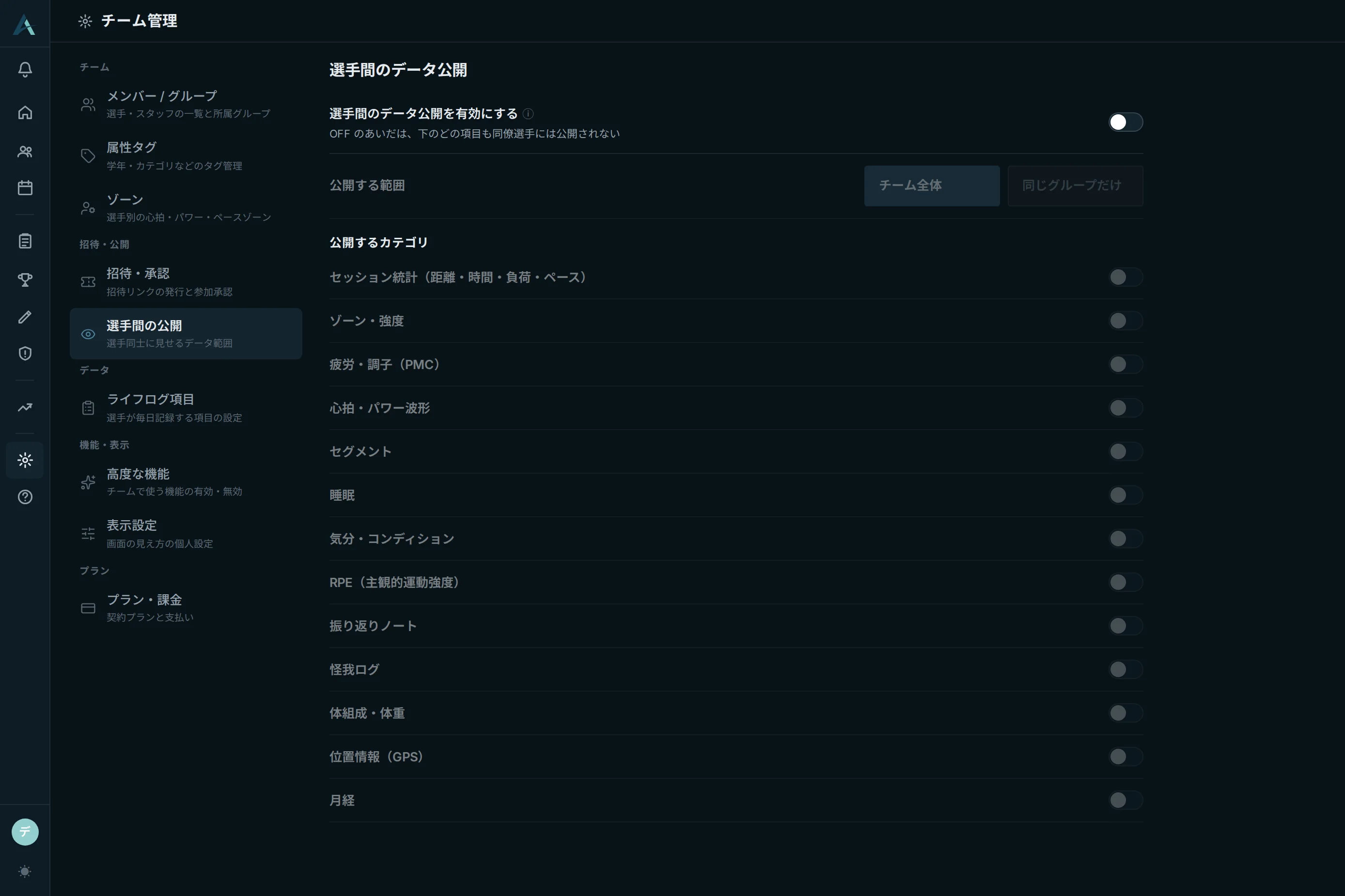 AXIS: チーム管理の「選手間のデータ公開」設定（カテゴリごとの公開スイッチ）