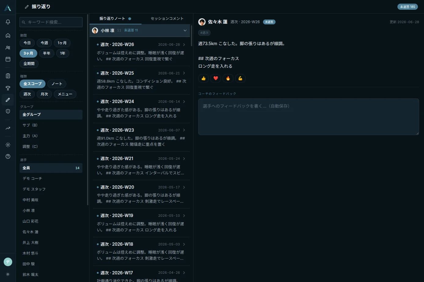 振り返り（選手の週次ノートとコーチのフィードバック）